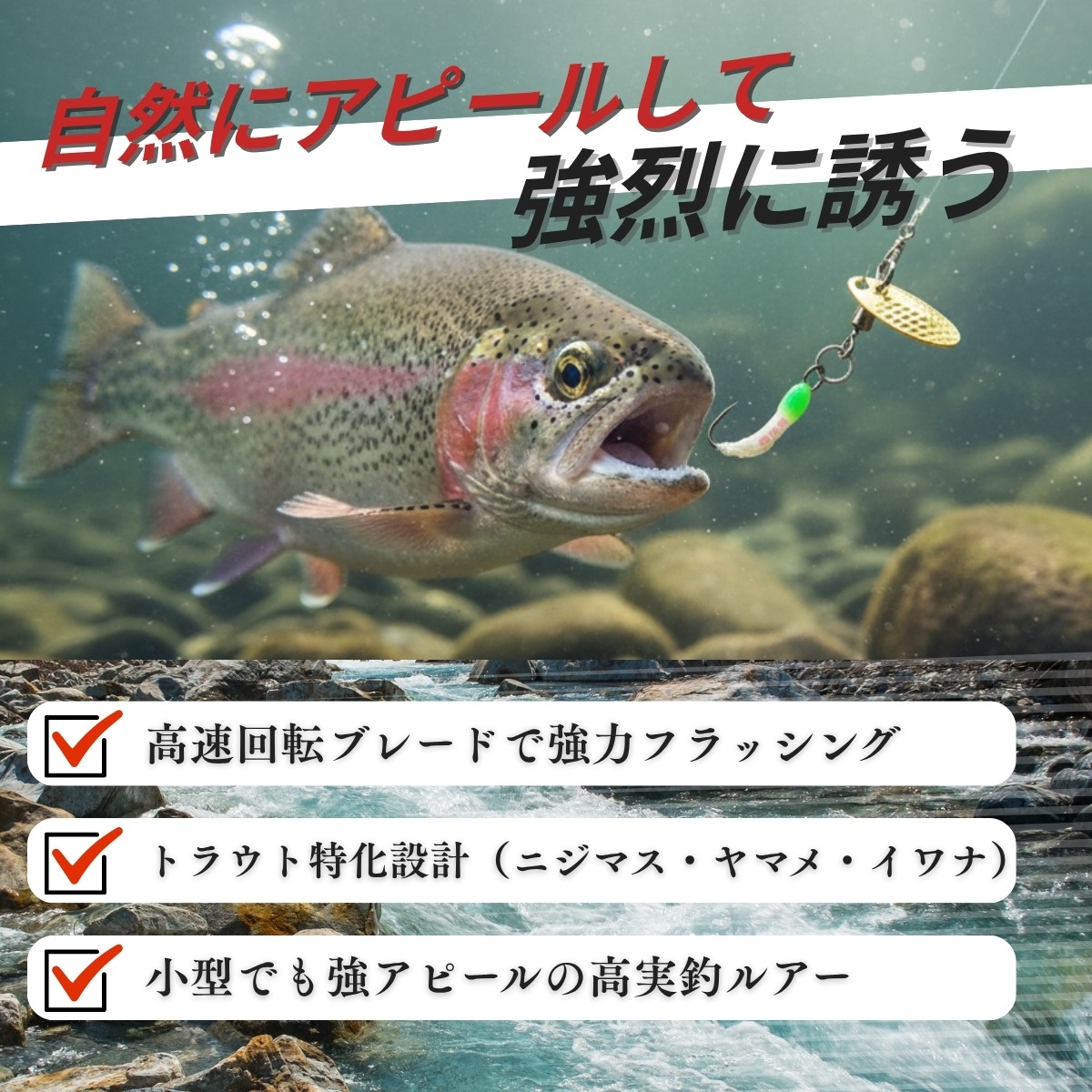 高速回転ブレードでトラウトを誘うスピナー付きニンフルアー