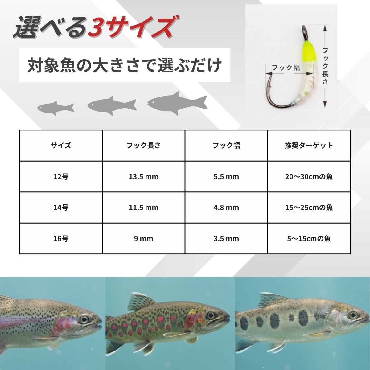 #12#14#16のフック長とフック幅のサイズ比較