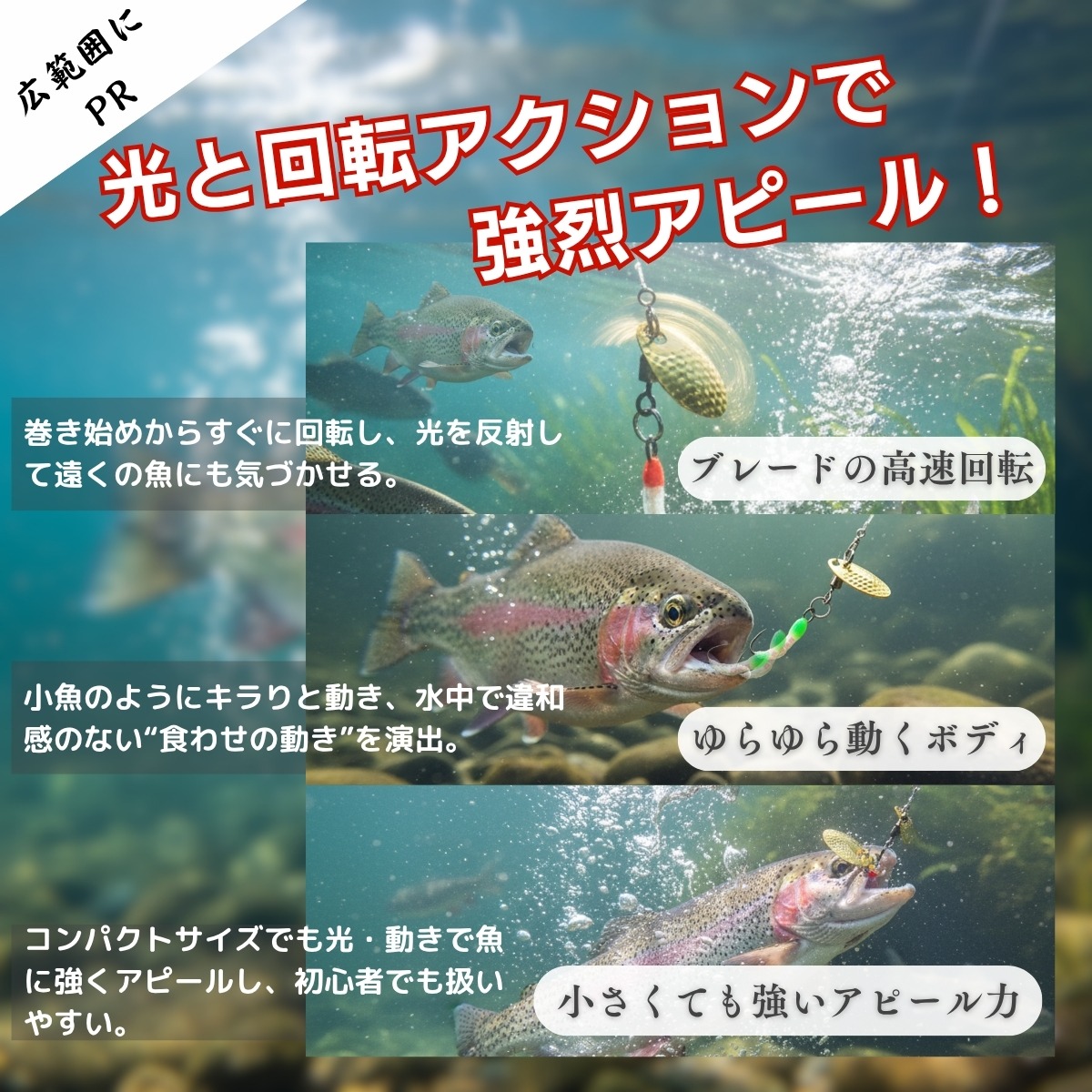 光と回転アクションで魚にアピールするニンフルアー