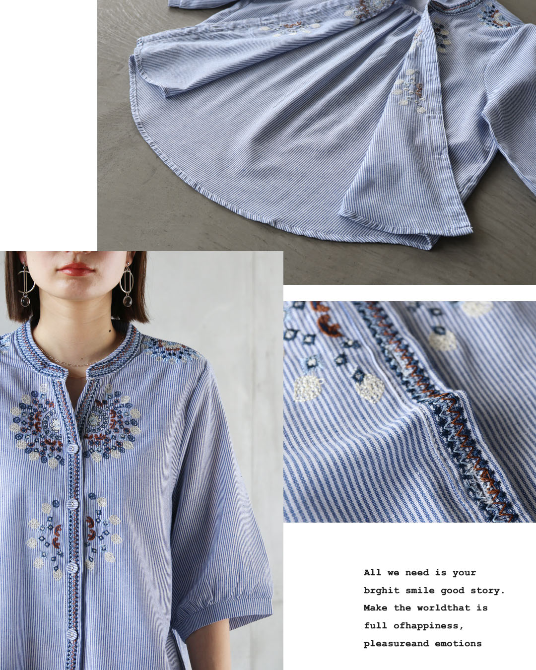 トップス シャツ 五分袖 ストライプ柄 スキッパー ラウンド裾 アクセントになる華やか刺繍 ストライプシャツ ブルー 秋春夏 OTONA 40代 50代 60代 OTONA トップス シャツ 五分袖 ストライプ柄 スキッパー