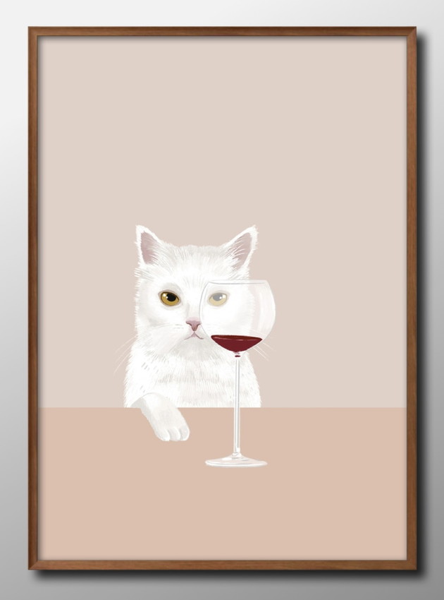アート ポスター おしゃれ 絵画 インテリア 12993 ワインと猫 ネコ A3サイズ 北欧 イラスト マット紙 管理ID:｜ouchide-bijyutsukan