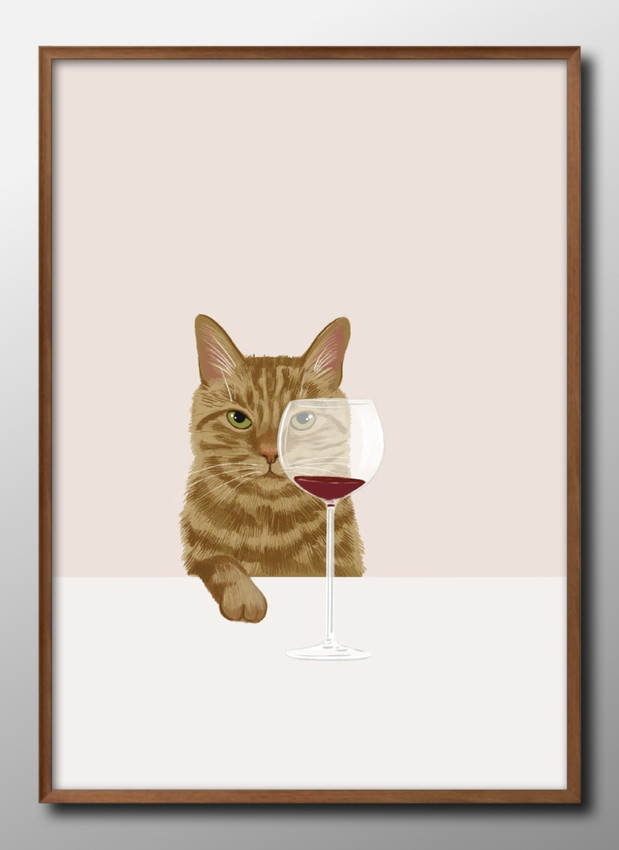 アート ポスター おしゃれ 絵画 インテリア 12994ワインと猫 ネコ A3サイズ 北欧 イラスト マット紙 管理ID:｜ouchide-bijyutsukan