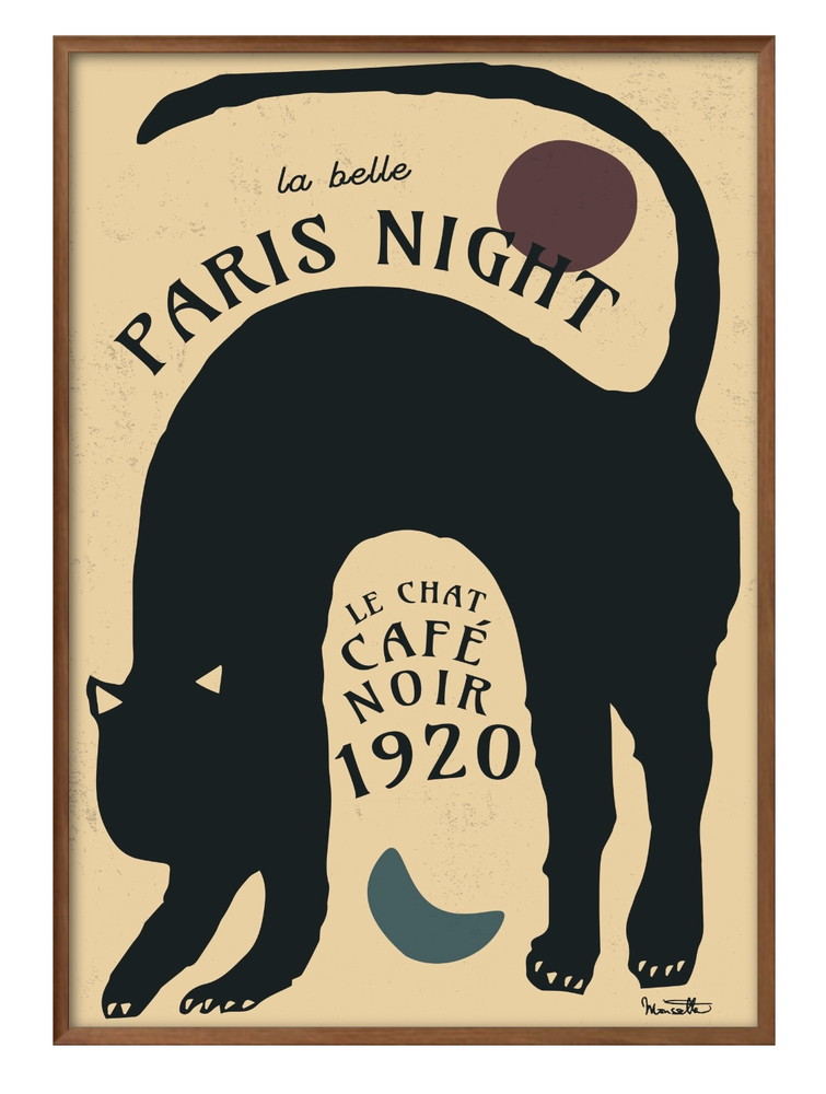 アート ポスター おしゃれ 絵画 インテリア 7250 黒猫 ネコ カフェ パリの夜 A3サイズ 北欧 イラスト マット紙 管理ID:｜ouchide-bijyutsukan