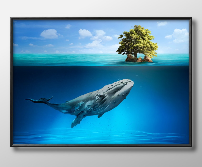 ポスター　アート　絵画　額縁　フレーム　9165クジラ　鯨　海　ブルー　イラスト　北欧　A3サイズ　インテリア