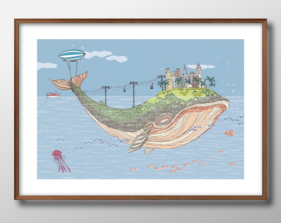 絵画　油絵　原画　鯨　海　ブルー　ポップ　北欧　アート　インテリア　SM 一部予約販売】 額 海 油絵 複製画 F8 絵画 - イルカ 亀 貝殻 鯨