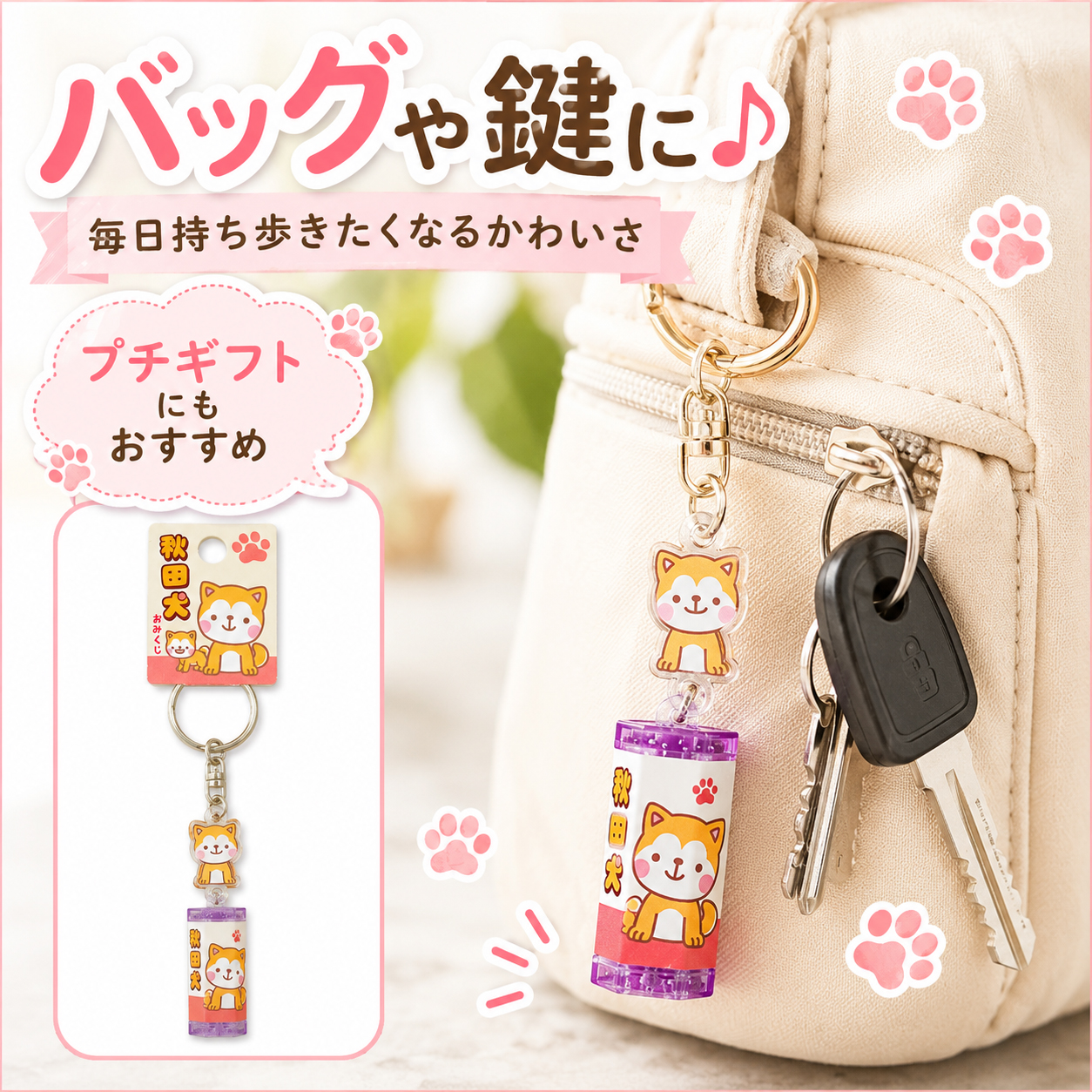 秋田犬 おみくじキーホルダー 選べるカラー パープル 縦型 犬チャーム