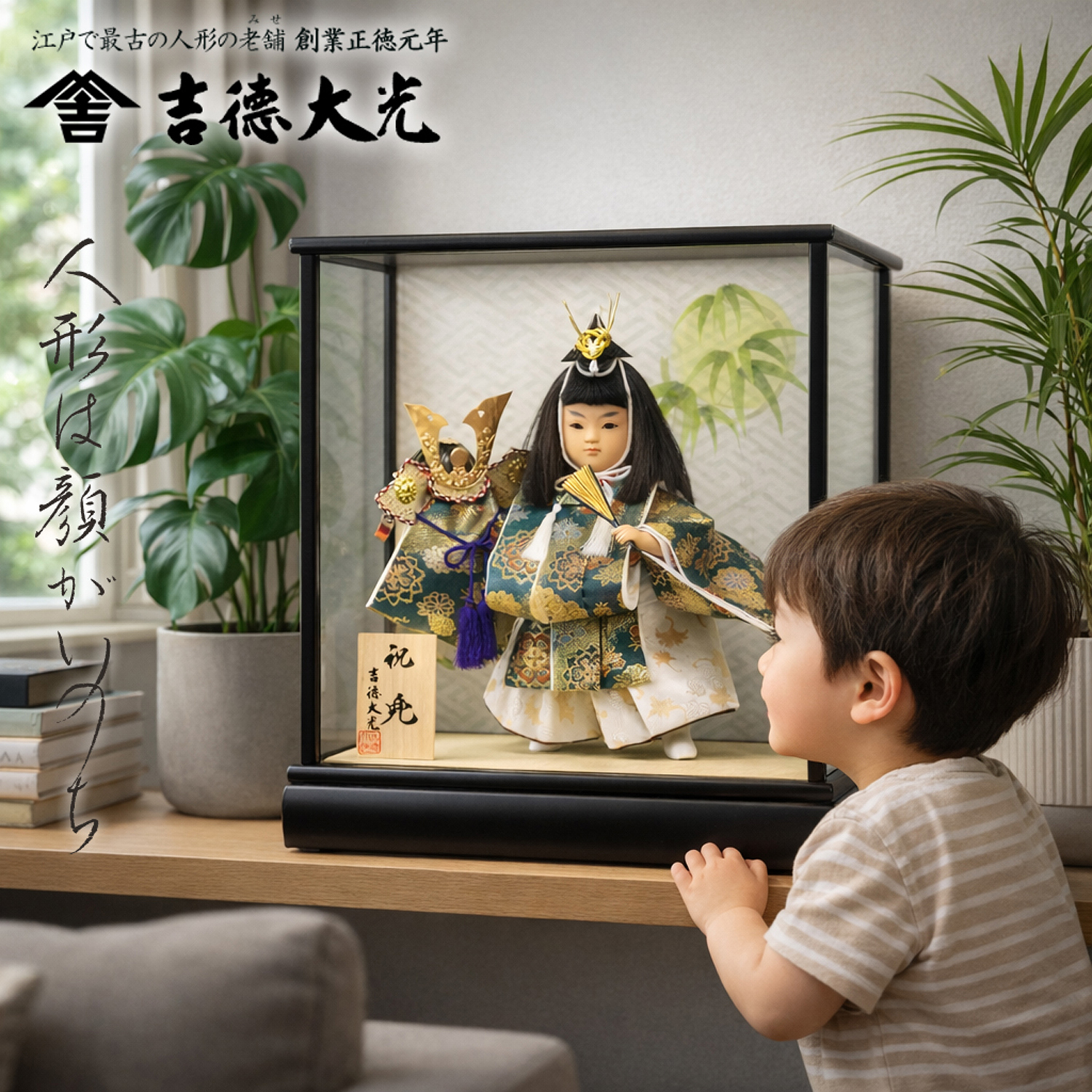 吉徳大光 日本人形 慶祝 ガラスケース入り 吉徳大光 五月人形 子供大将 武者 ガラスケース飾り 祝兜 503-354