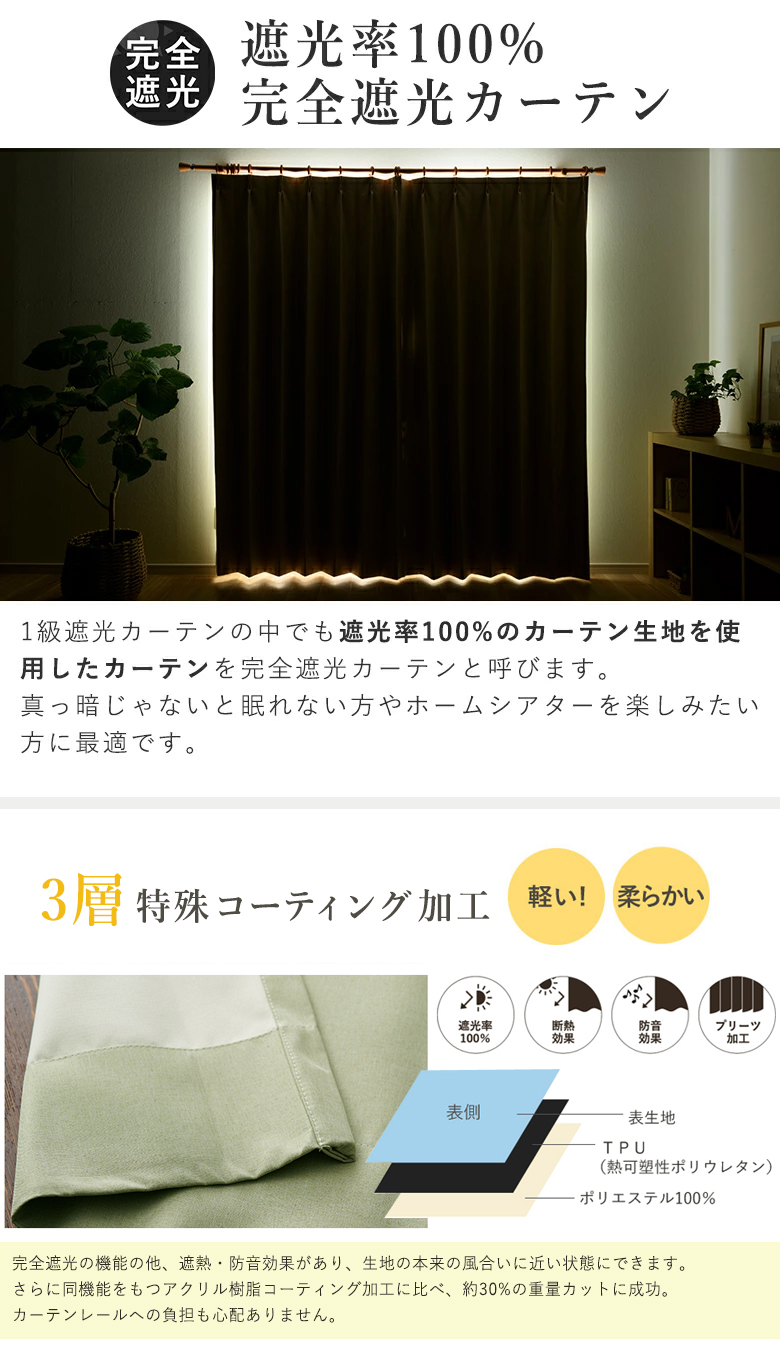 カーテン オーダー 遮光 1級遮光 遮光率100% 遮熱 断熱 D-302 幅55cm
