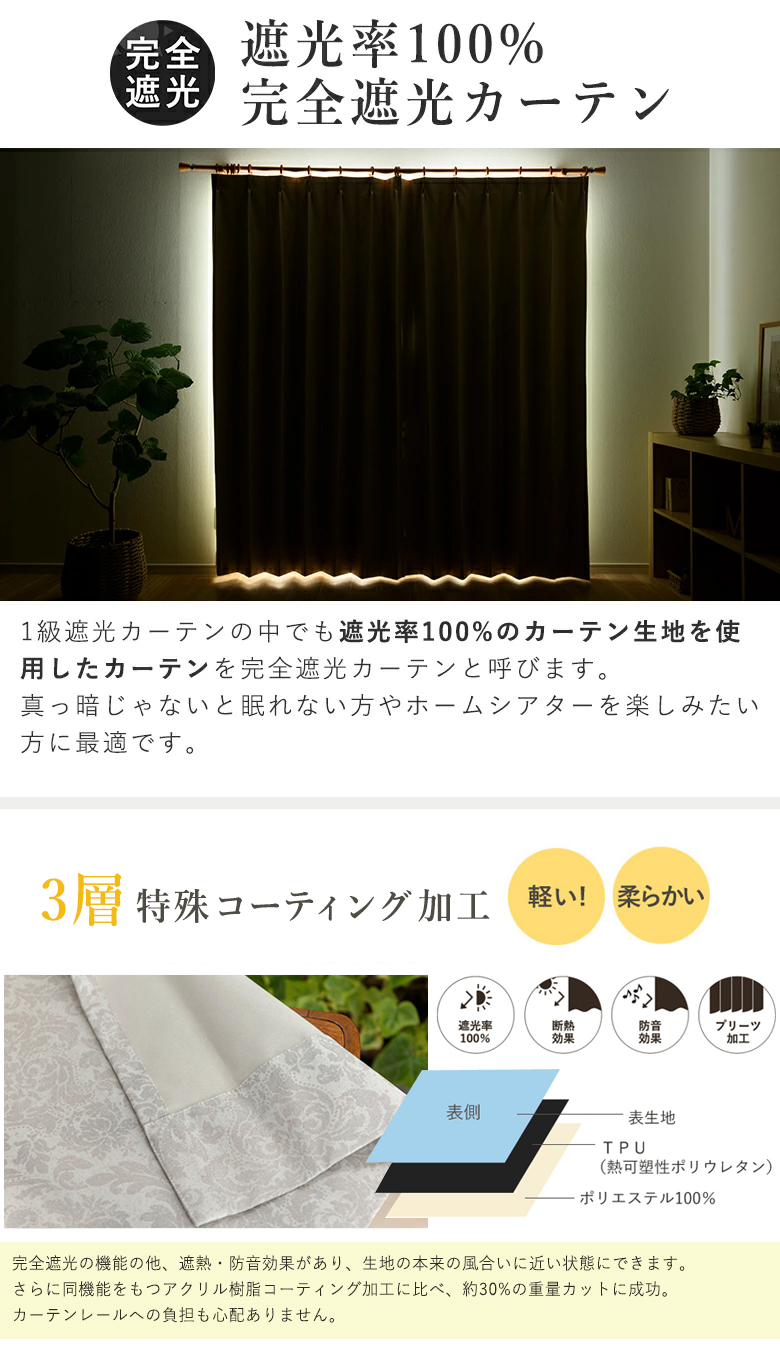 ダマスクローズ柄 遮光カーテン ポリエステル製 カーテン 完全遮光 ダマスクローズ柄 遮光率100％ D-1119生地