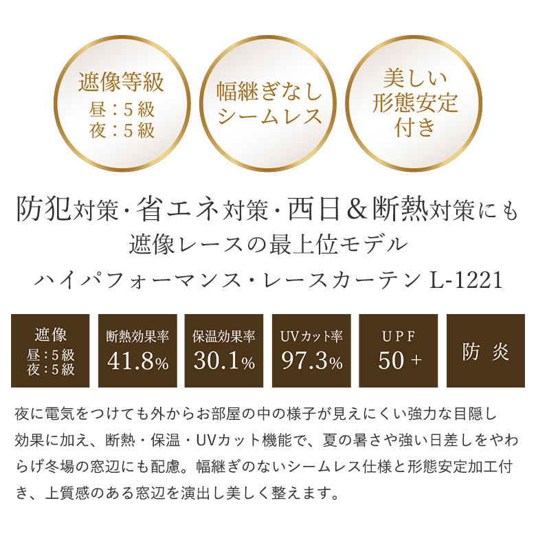 【生地サンプル】レースカーテン 昼夜見えにくい 遮像 防炎 遮熱 UVカット 日本製 オーダー シームレス L-1221 |  | 02