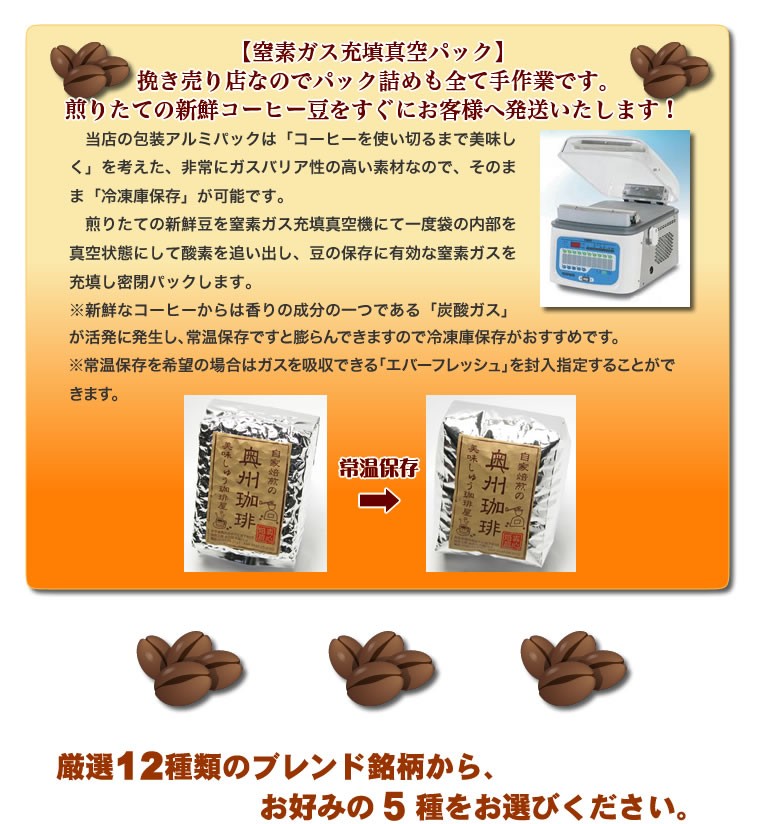【送料無料】増量♪あれこれ選べるブレンドコーヒーセット自家焙煎コーヒー豆、厳選12種類の銘柄からお好みの５種をお選び下さい。