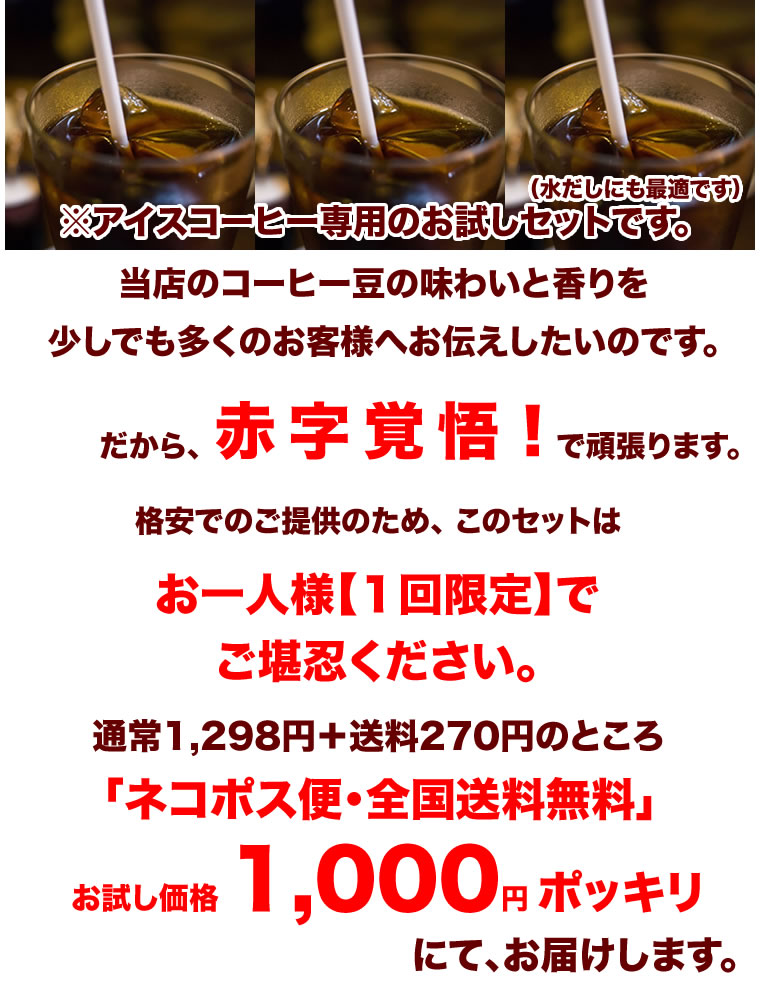 【初回限定】【ネコポス便】【送料無料】1,000円ポッキリ！奥州珈琲のアイスコーヒーお試しセット自家焙煎コーヒー豆100g×2袋