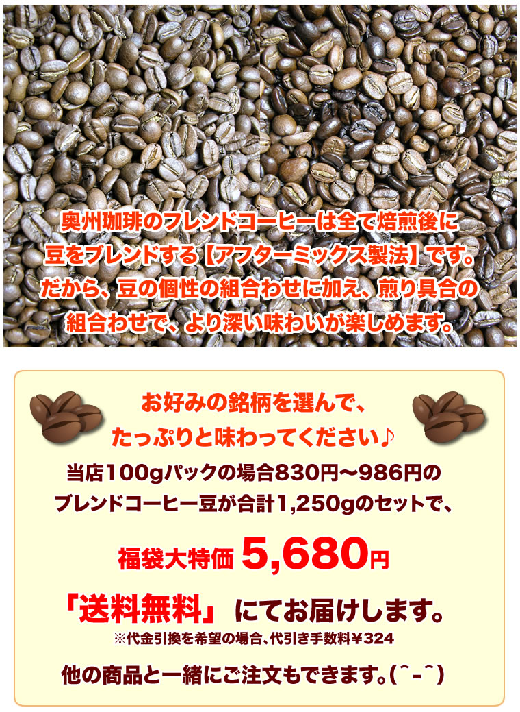 【送料無料】中身の選べるエスプレッソ用コーヒー豆福袋自家焙煎コーヒー豆、厳選7種類の銘柄からお好みの５種をお選び下さい。
