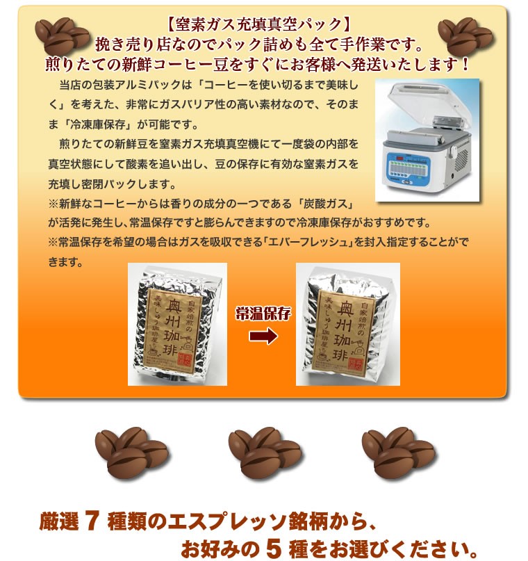 【送料無料】中身の選べるエスプレッソ用コーヒー豆福袋自家焙煎コーヒー豆、厳選7種類の銘柄からお好みの５種をお選び下さい。