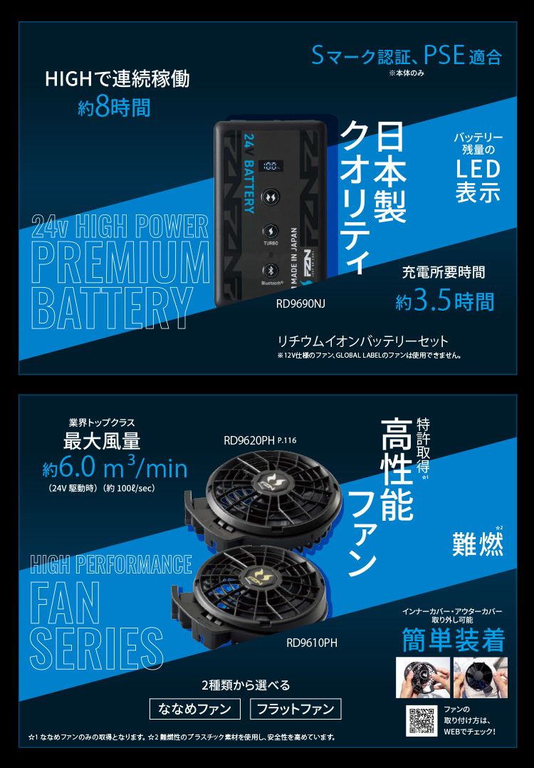 空調風神服 サンエス RD9691NJ 24V 日本製 Bluetooth無 リチウムイオン