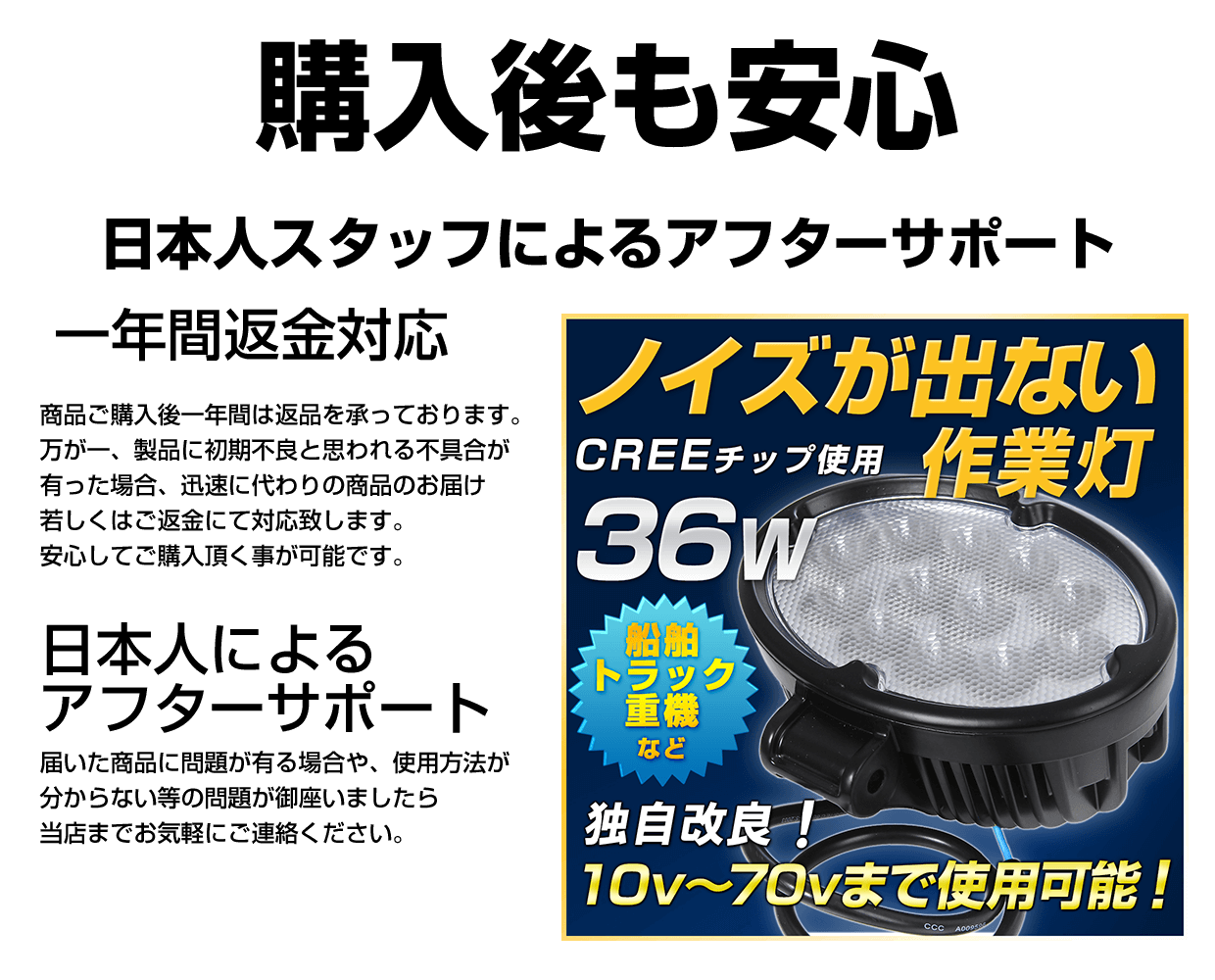 Creeチップ ノイズが出ないLED作業灯 クリ―ワークライト36W 12v Creeチップ ノイズが出ないLED作業灯 クリ―ワークライト36W 12v
