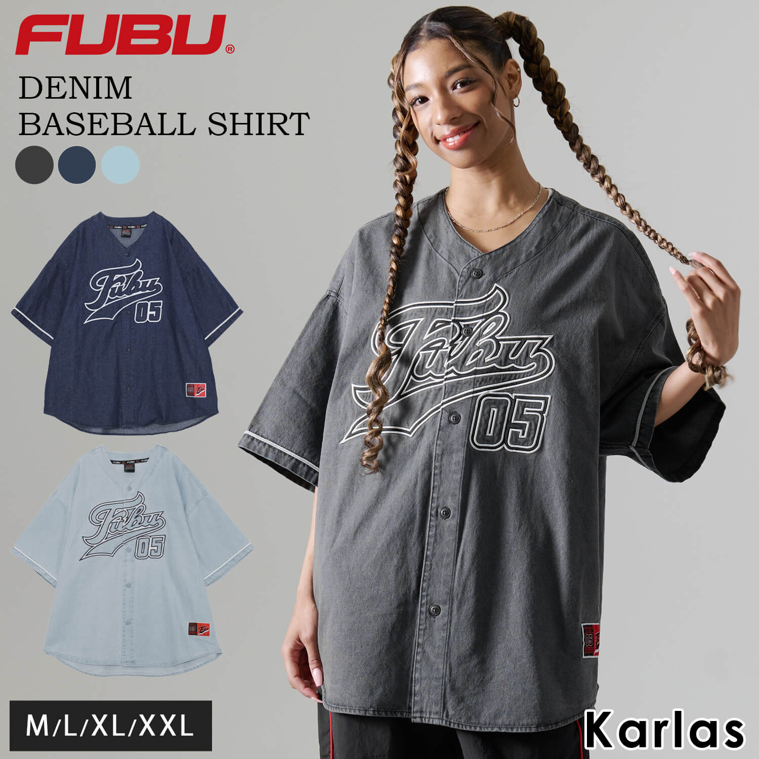 予約/FUBU フブ ベースボールシャツ 半袖 デニム 綿100 ロゴ刺繍