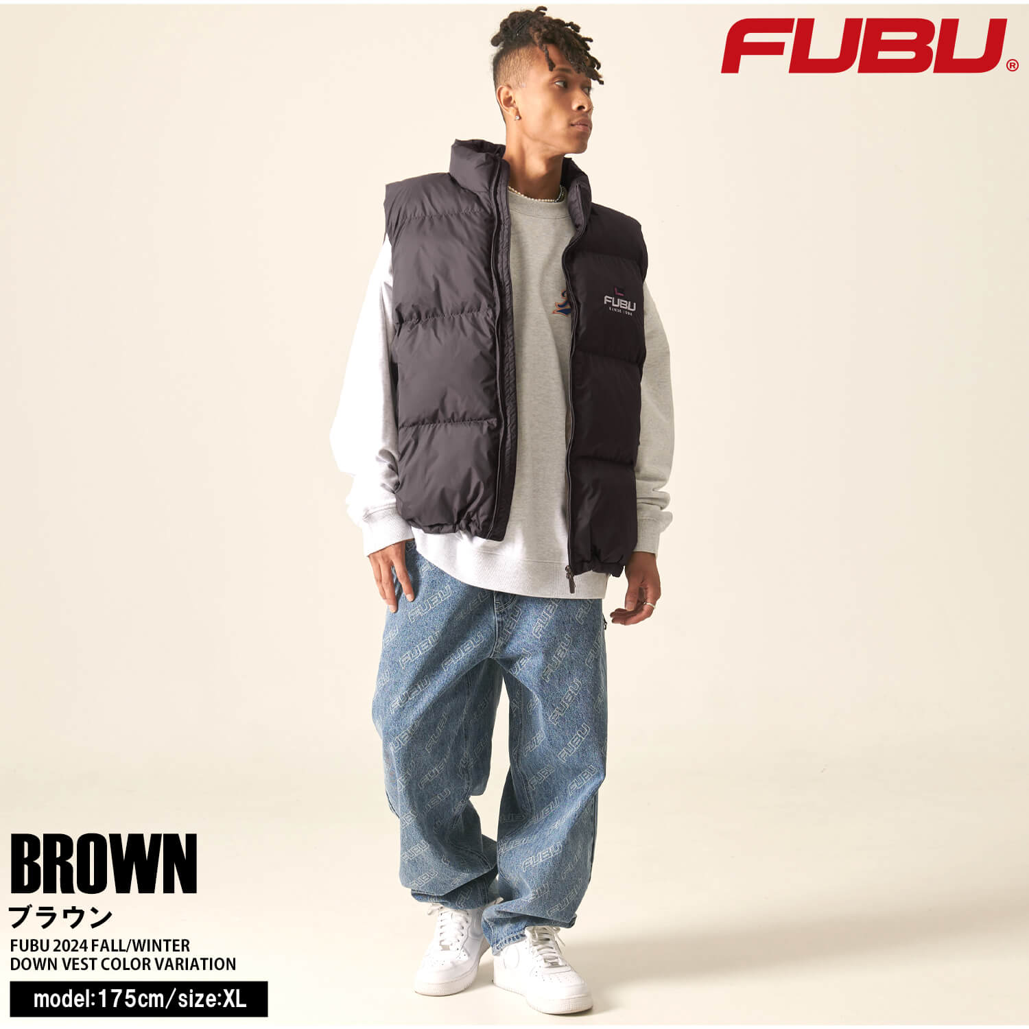 ポチブチ☆ヤマダヤ ボリュームネック　リブニット、アイボリーダウンベスト FUBU（フブ） 特価 ダウンベスト メンズ 中綿ベスト ナイロン 防寒