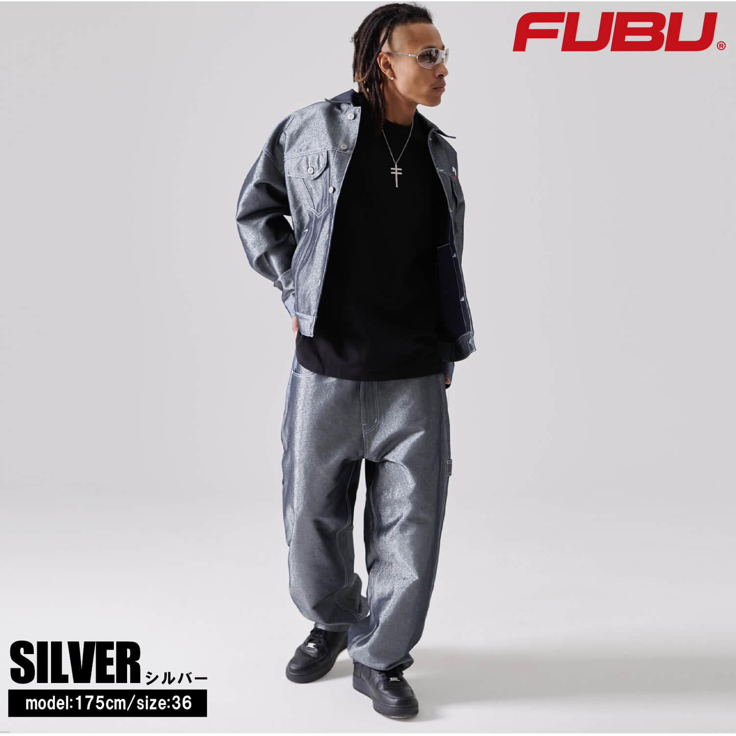 FUBU シルバー ワークパンツ ロゴ 刺繍 サイズ調整可能 メタリック ラメ FUBU フブ デニムパンツ メンズ ロングパンツ ワイドパンツ