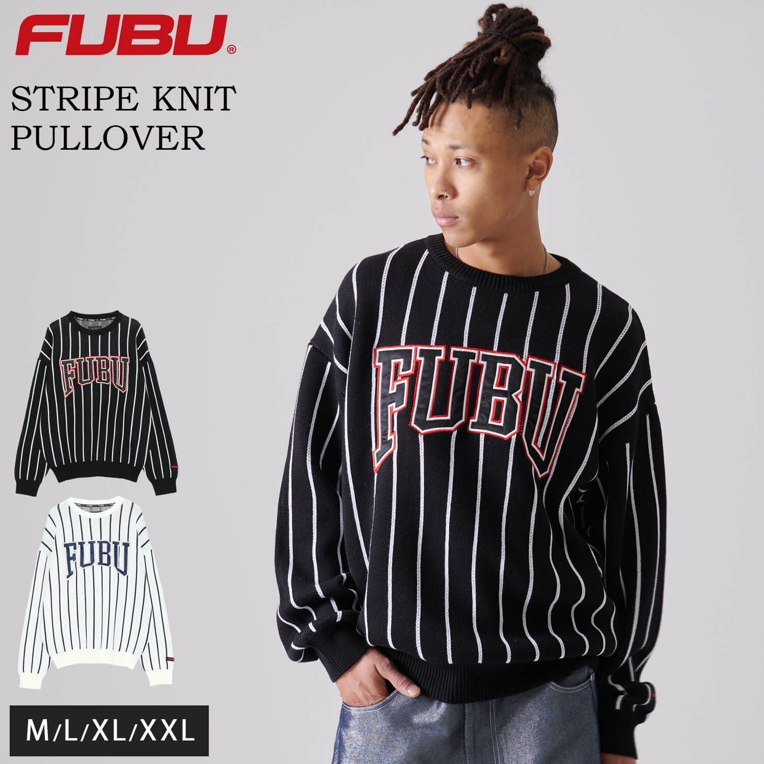 FUBU フブ セーター メンズ 長袖 春 秋 冬 ニット アクリル ストライプ 綿混 クルーネック トップス ブランド ロゴ 大きいサイズ