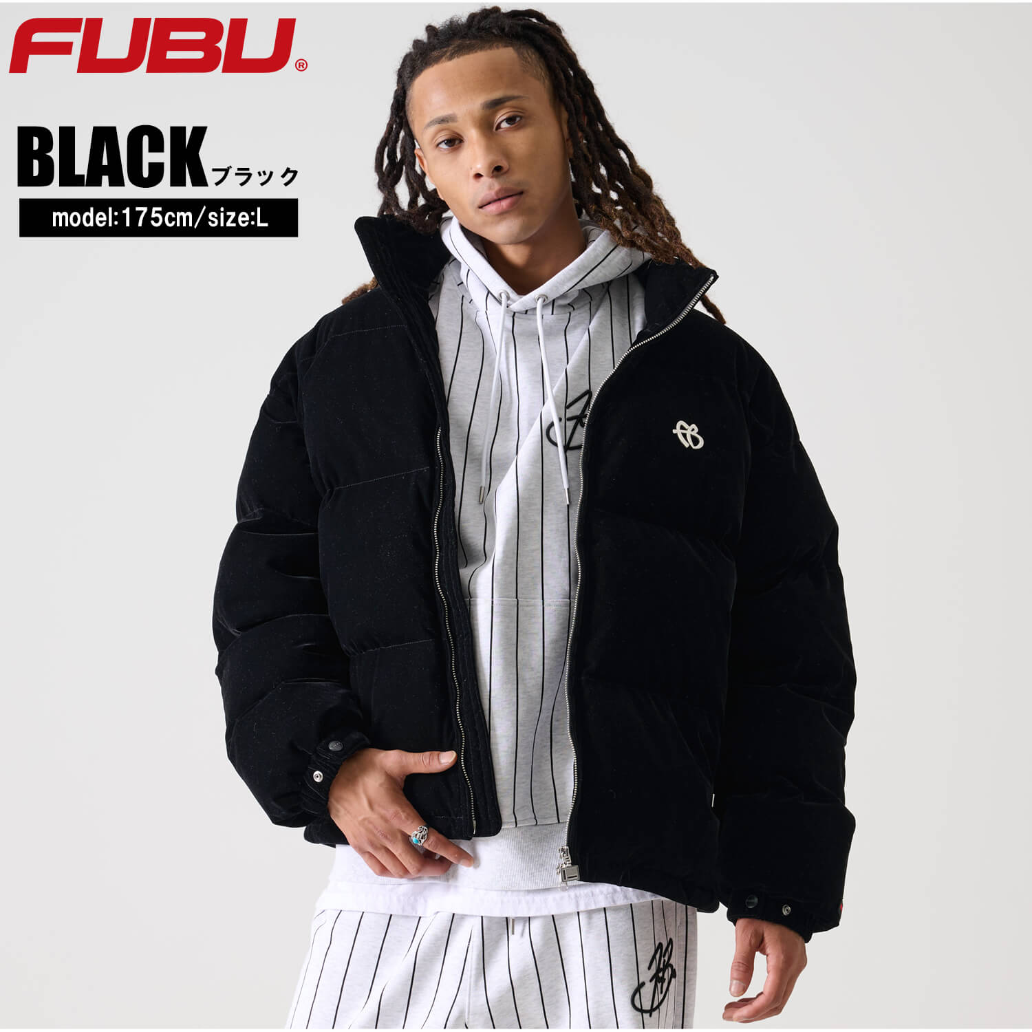 FUBU フブ 中綿ジャケット メンズ ベロア ジャンパー アウター 長袖 防寒 あったか ブランド 秋冬 オーバーサイズ XL XXL 大きいサイズ アメカジ レディース ストリート系 黒 2025fw karlas FUBU（フブ） 中綿ジャケット メンズ ベロア ジャンパー アウター 長袖