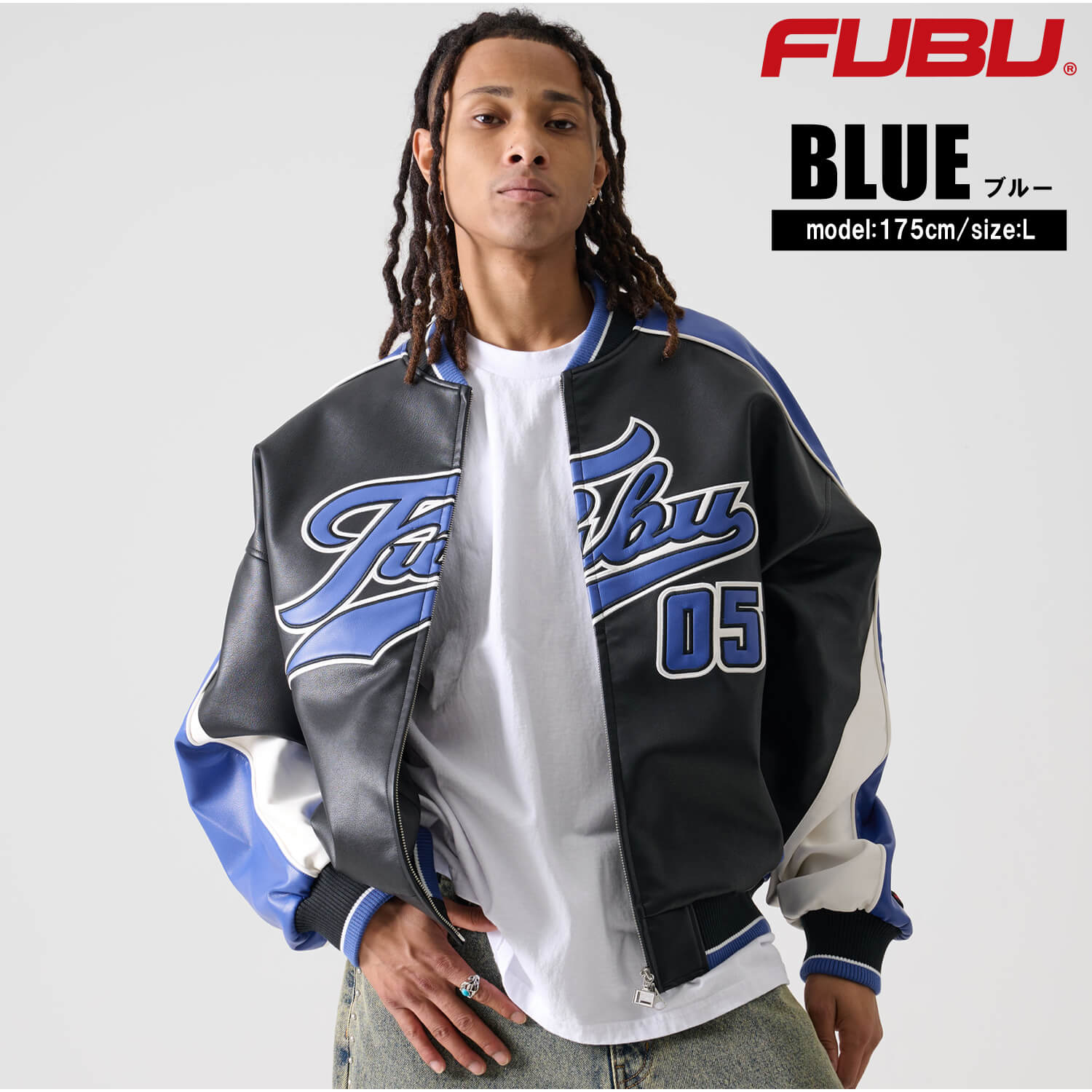 FUBU スタジャン Mサイズ ブラック/ブルー FUBU（フブ） 特価 ジャケット メンズ 長袖 レザージャケット MA-1