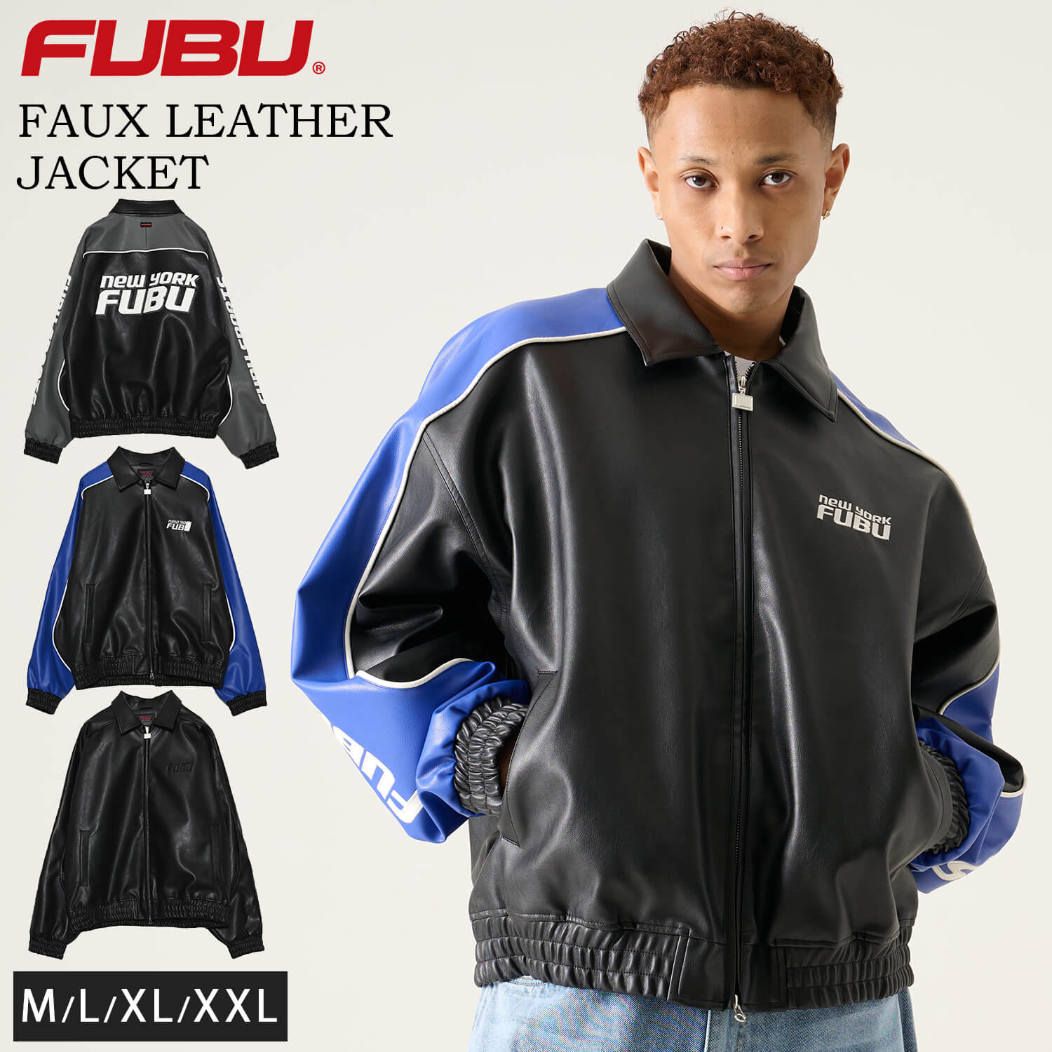 FUBU レザージャケット Mサイズ 黒/白 FUBU（フブ） ブルゾン アウター ブランド Faux Leather Jacket