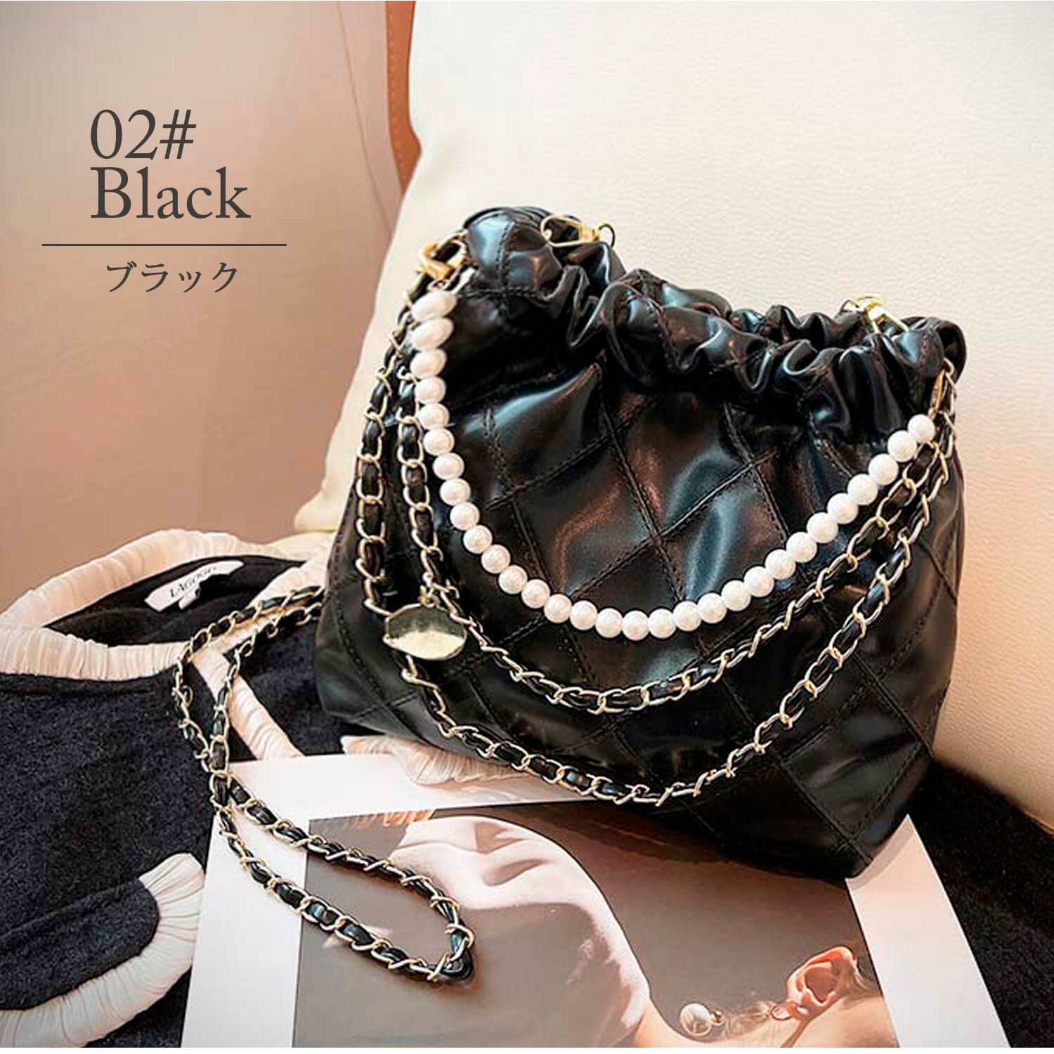 在庫処分】ショルダーバッグ チェーン付 パール付き ハンドバッグ 2way