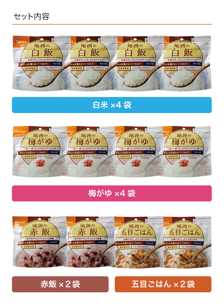 尾西のごはん 非常食 4種セット 白飯×4袋 梅がゆ×4袋 赤飯×2袋 五目
