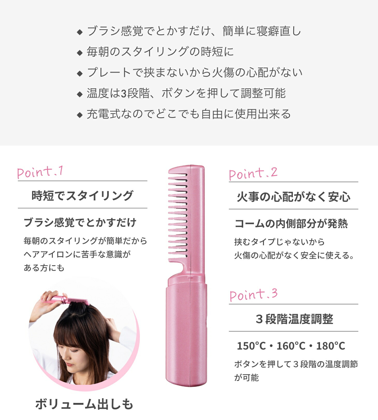 コードレスヘアブラシ ヘアアイロン ブラシ コードレス 充電式 ミニ
