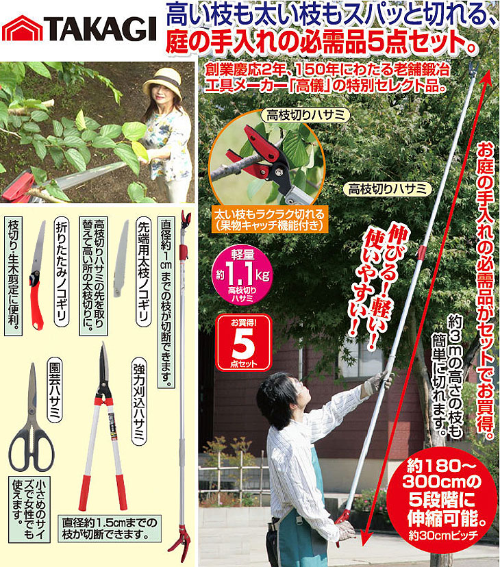高枝切りバサミ 5点セット 高枝切ハサミ 伸縮 3m 刈込ハサミ 園芸