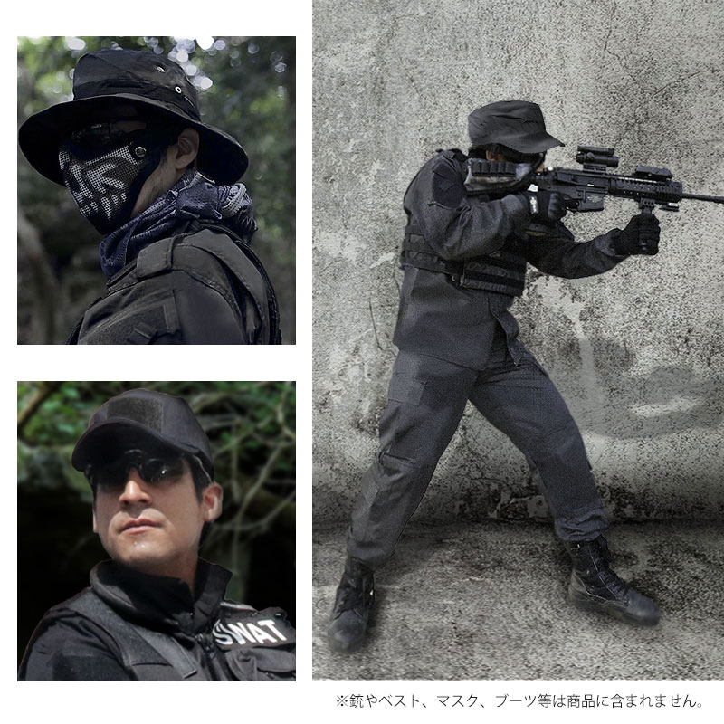 SHENKEL BDU 迷彩服 上下セット 帽子 ブラック 黒 ミリタリー サバゲー 装備 サバイバルゲーム 服 服装 警察 FBI
