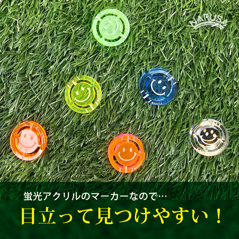 【未使用品】ラージスクエアピースサイン★ボールマーカー メール便】NARUSA ニコちゃん ゴルフマーカー 6種 蛍光アクリル ミラー