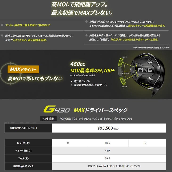 OVD購入特典付】PING/ピン/G430 ドライバー/MAX/SFT/1W/REGENESIS_LY