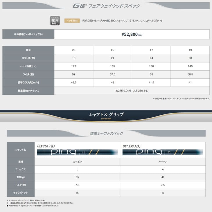 ❤️ PING GLe 3 フェアウェイウッド 5番 シャフトA G LE3フェアウェイウッド│CLUB PING【PINGオフィシャルサイト】