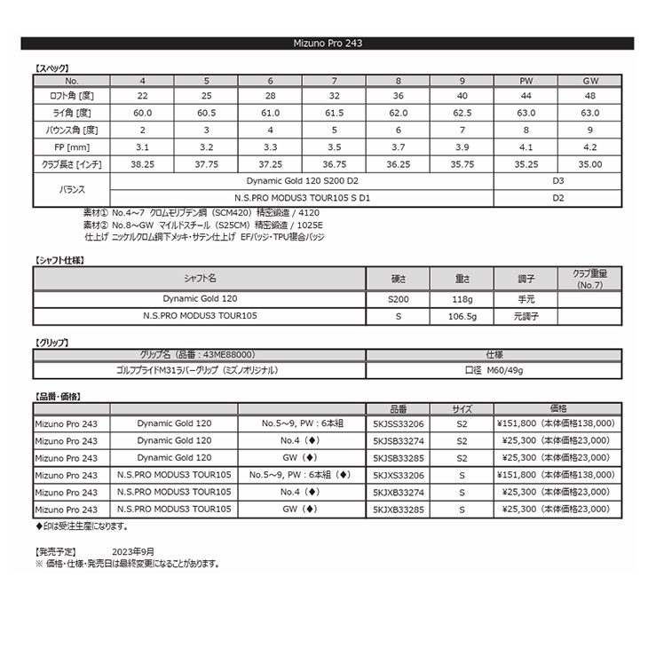 在庫品即納】【リシャフト対応可能】2023年純正 Mizuno Pro 243