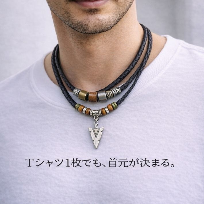 メンズネックレス ダブルレイヤー 2連 レイヤード PUレザー ビーズ