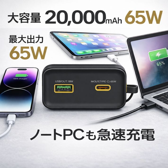 モバイルバッテリー 65W 急速充電 20000mAh PD対応 ノートPC充電 USB-C