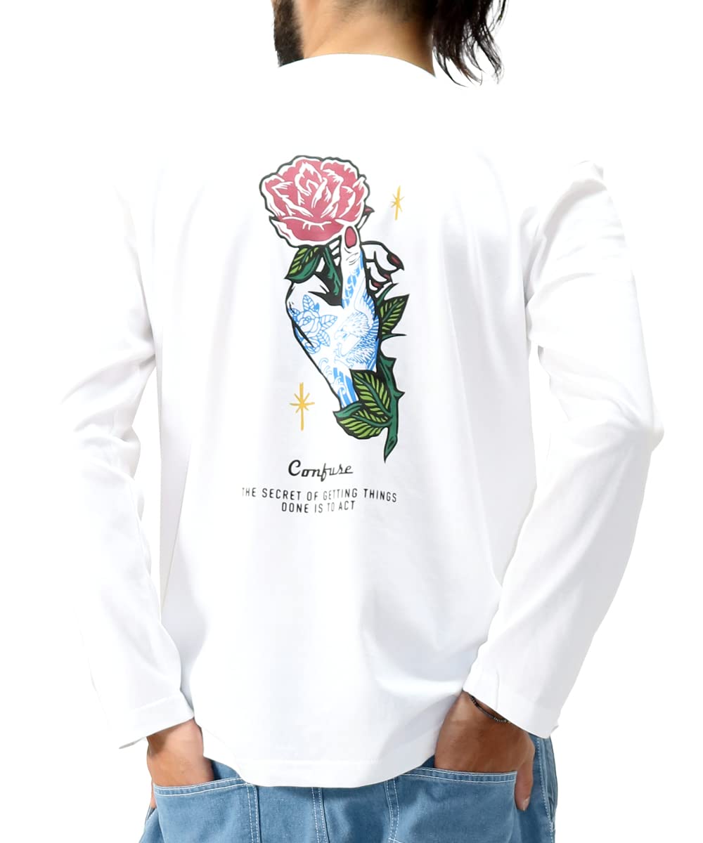 ロンT メンズ 長袖 Tシャツ 大きいサイズ ロングスリーブ 花柄 ローズ 薔薇 タトゥー バックプ...