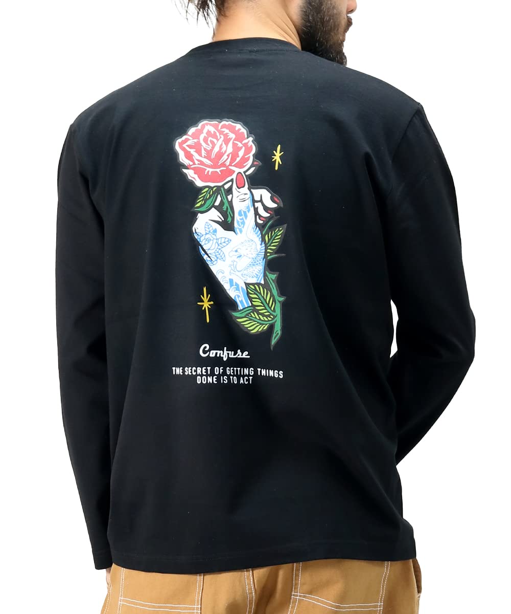 ロンT メンズ 長袖 Tシャツ 大きいサイズ ロングスリーブ 花柄 ローズ 薔薇 タトゥー バックプリント 綿100% おしゃれ｜owl｜03