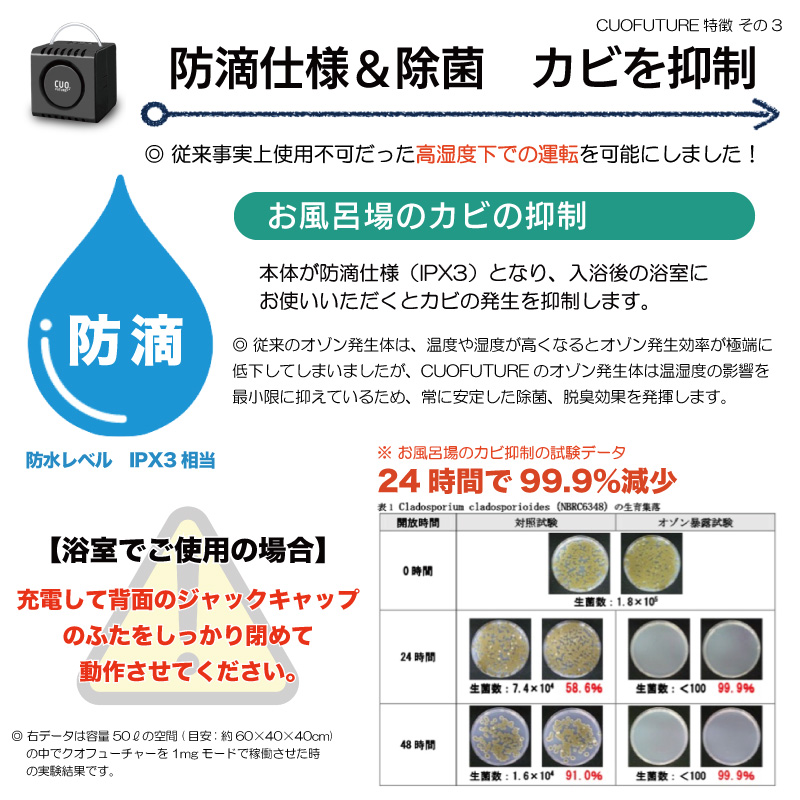 ＜7月限定 10%OFFクーポン有＞ 空気清浄機 小型 フィルター交換なし 日本製 【充電式オゾン除菌脱臭機 クオフューチャー】 黒 充電式 オゾン脱臭機 ペット臭｜ozoneassocia｜04