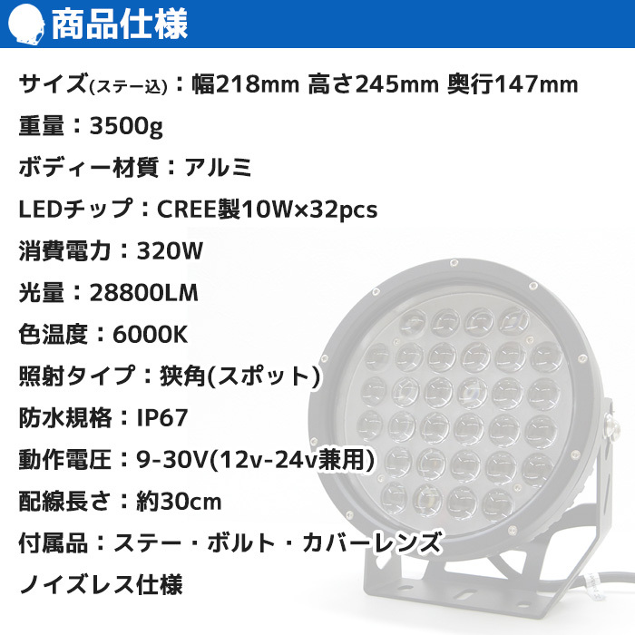 サーチライト 船 320w 強力 led 船舶 24v 12v 狭角 スポット デッキライト 作業灯 ワークライト 防水 ボート 漁船 投光器  28800lm 遠距離照射 倉庫