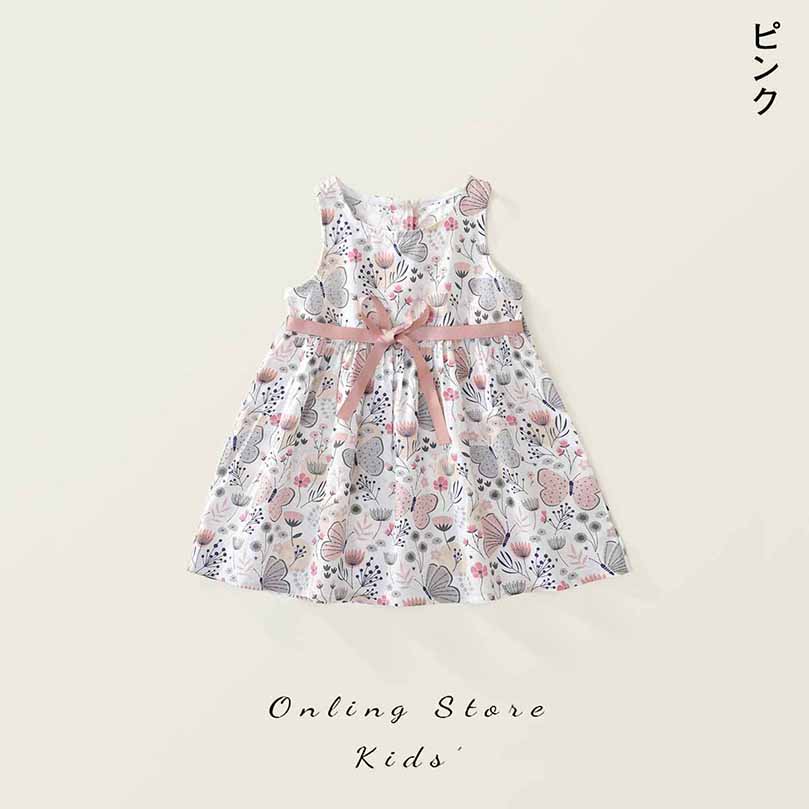 送料無料夏子供服花柄蝴蝶ベルトノースリーブワンピース キッズ ベビー 女の子 ガールズコットン90100110120130｜p-s-market｜02