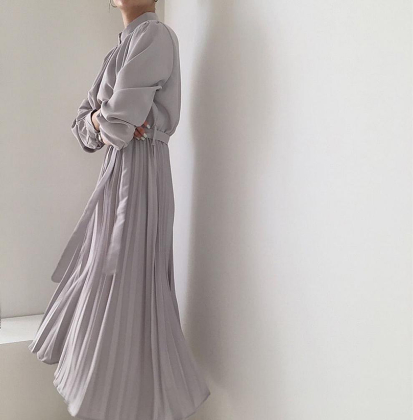 ワンピースロングシャツワンピースハイネックプリーツワンピ ロング