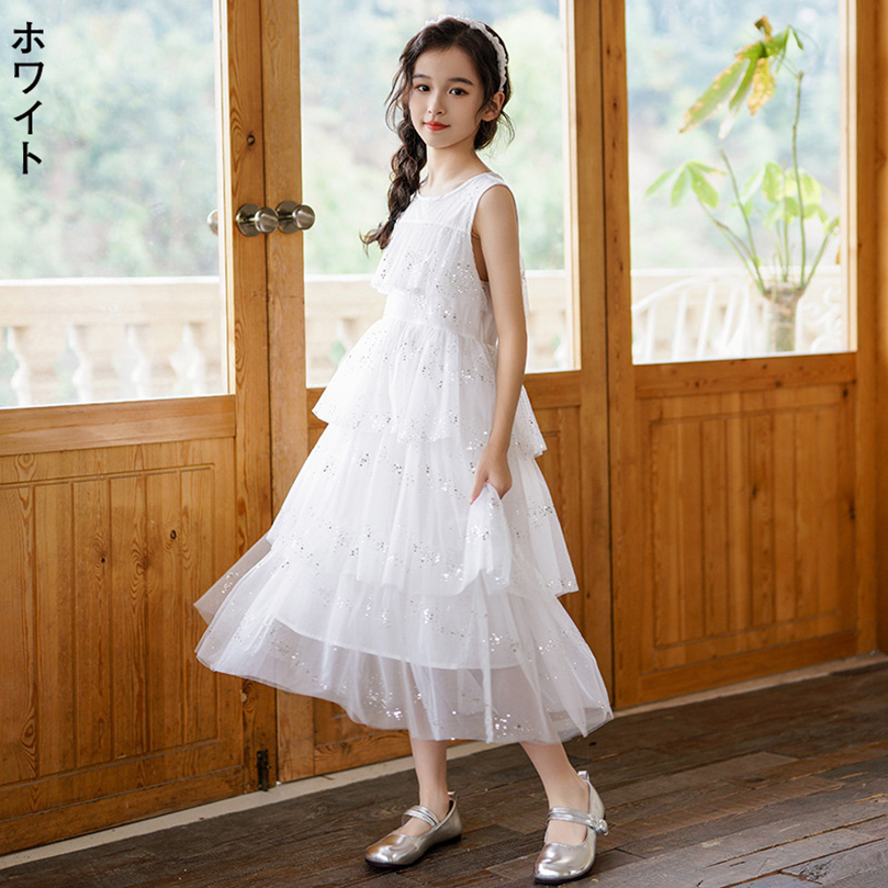 フリル装飾 ノースリーブ ワンピース★おしゃれ 可愛い キュート 夏ワンピース ノースリーブフリルシフォンキッズ 女子ドレス