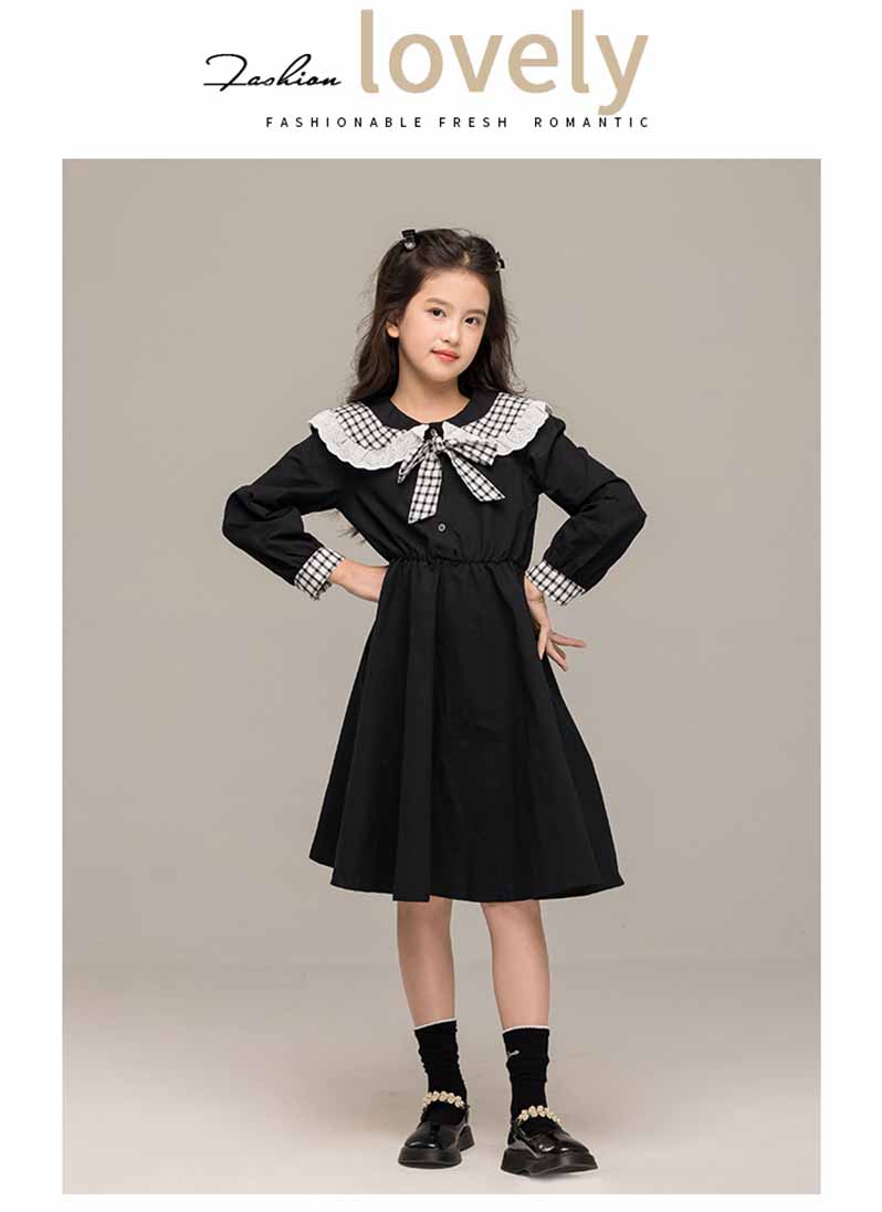 子供服 女の子 キッズ 胸元のリボン取り外し可 チェック丸い可愛い白襟