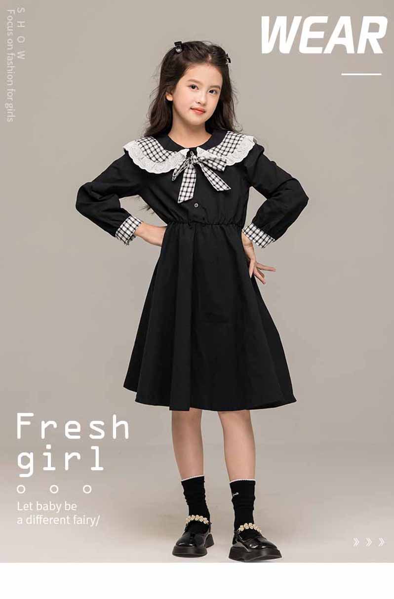 子供服 女の子 キッズ 胸元のリボン取り外し可 チェック丸い可愛い白襟