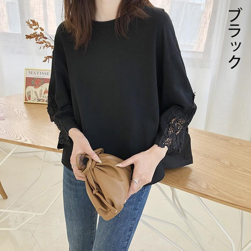 レース刺繍Tシャツ レディース 7分袖 レース 刺繍 ゆったり カジュアル