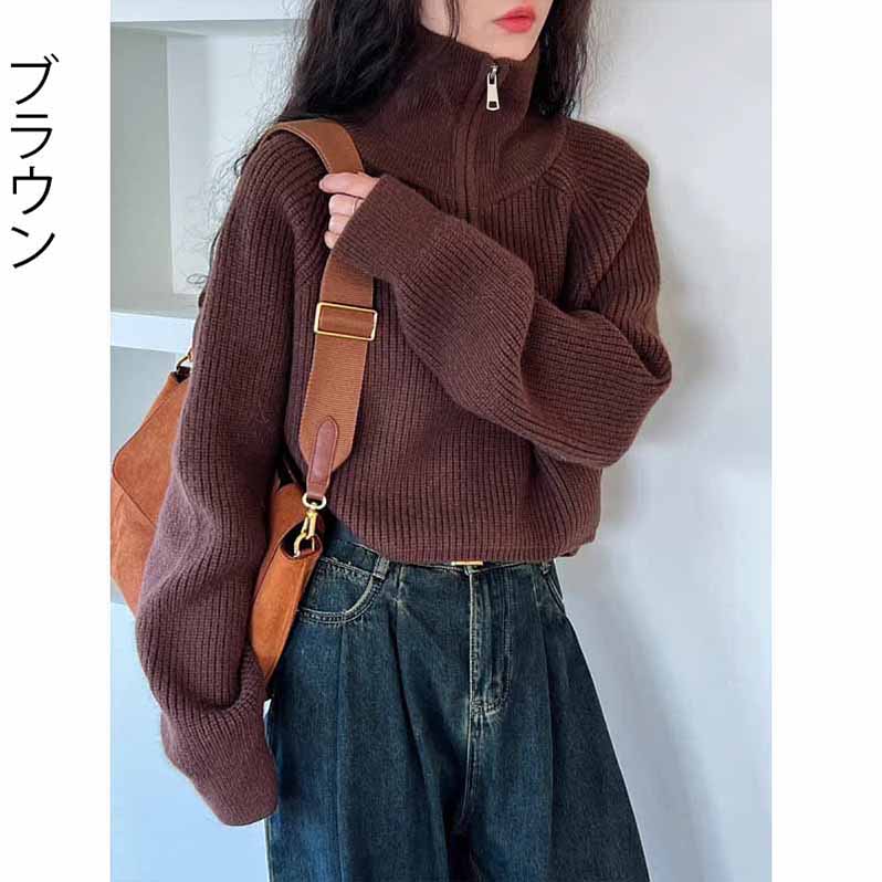 ニット ハーフジップ レディース 長袖 トップス 大人 ビッグカラー