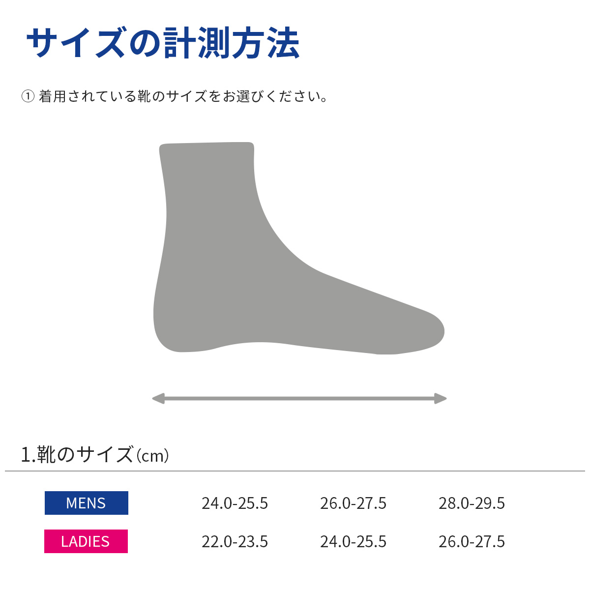 【サイズの計測方法】1. 着用されている靴のサイズをお選びください。